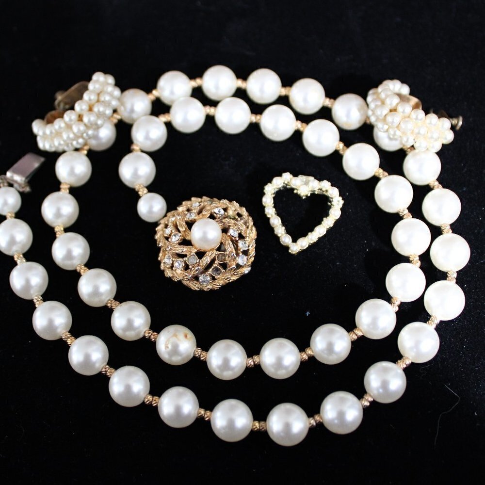 Vintage Faux Pearl Necklace Pin and Earrings